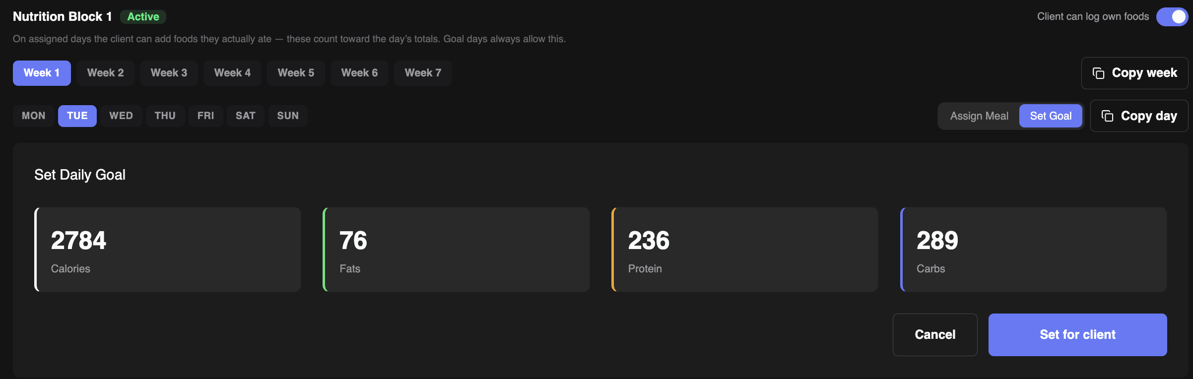 Nutrition block showing the Set Daily Goal view with calorie, fat, protein, and carb targets