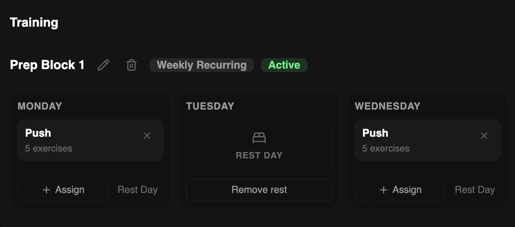 Training program builder showing Prep Block 1 with Monday, Tuesday, and Wednesday day columns